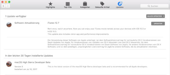 iTunes 12.7 Beta in macOS High Sierra, Bild: Screenshot aus dem App Store