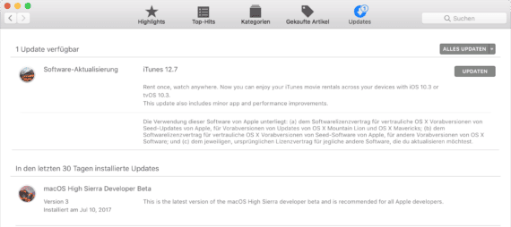 iTunes 12.7 Beta in macOS High Sierra, Bild: Screenshot aus dem App Store