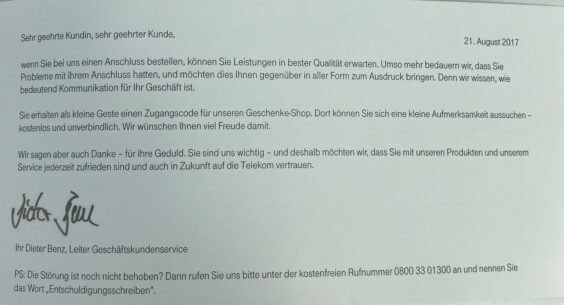 Entschuldigungsschreiben der Telekom, Bild: Moritz Krauß