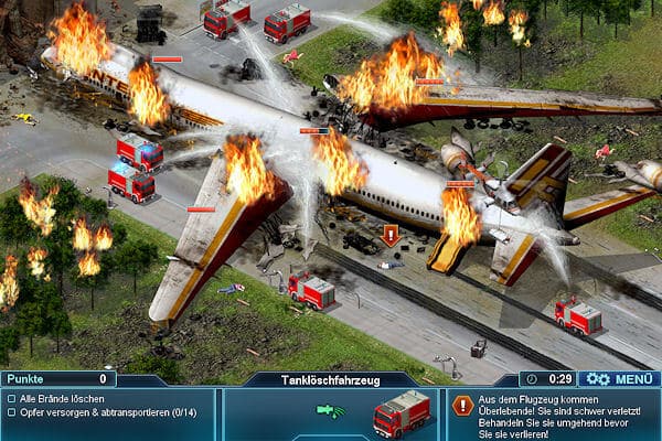 Löscharbeiten nach einem Flugzeugabsturz. im Wrack sind noch Menschen eingeschlossen. Grafik: Quadriga Games