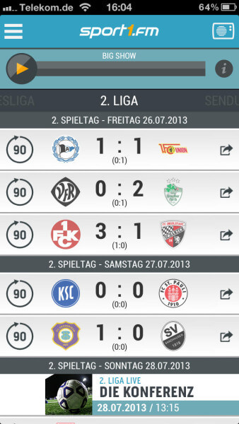 Ergebnisse der letzten Spiele - dazu Sport1.fm Radio