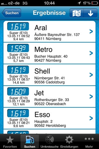 Listenansicht mit aktuellen Spritpreisen