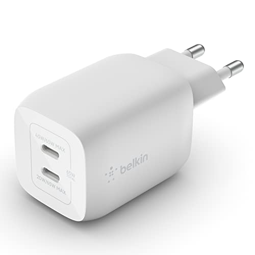 Belkin 65-W-USB-C-Ladegerät mit 2 Ports, Schnellladen mit Power Delivery 3.0 und GaN-Technologie für iPhone 15, Plus, Pro, Pro Max, iPad Pro, Air, MacBook, Galaxy S24, Plus, Ultra, Tab, Pixel, usw.