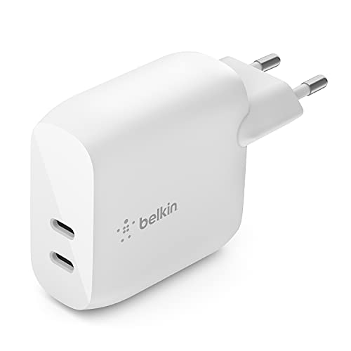 Belkin 40-W-USB-C-PD-Ladegerät (2 USB-C-Ports mit 20 W je Port, Schnellladen mit Power Delivery für das iPhone 14, 13, oder 12, iPad Pro, Galaxy und andere Geräte)