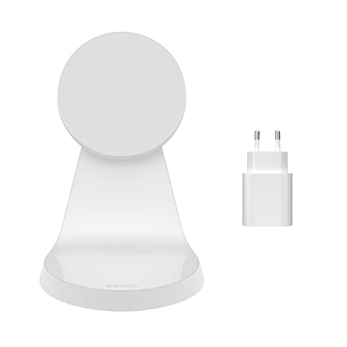 Belkin magnetischer drahtloser Ladeständer (kompatibel mit MagSafe für die iPhone 14, 13, 12-Serie und andere MagSafe-fähige Geräte, 20-W-PD-Netzteil enthalten) – Weiß
