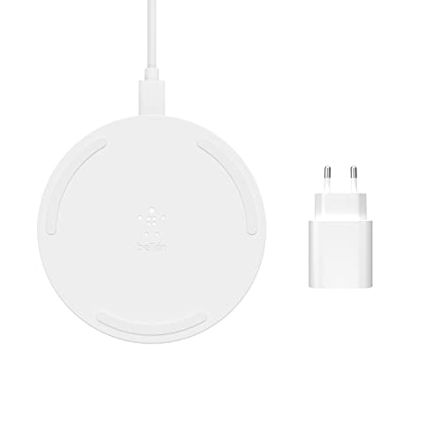 Belkin Boost Charge drahtloses Ladegerät, 15 W (Qi-zertifiziertes drahtloses Ladegerät für das iPhone, AirPods und Geräte von Herstellern wie Samsung und Google, Netzteil enthalten) - Weiß