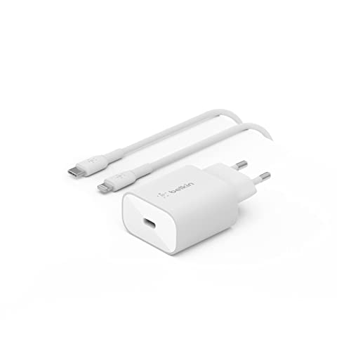 Belkin 25-W-Power Delivery-USB-C-PPS-Ladegerät mit USB-C/Lightning-MFi-Kabel, USB-C PD-Netzadapter, PPS-fähiges Schnellladegerät für Geräte wie das iPhone 14/14 Plus, 13, 12, 11 Pro, Pro Max, mini