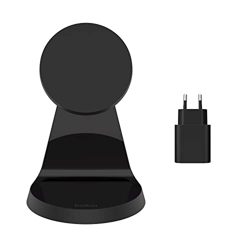 Belkin magnetischer drahtloser Ladeständer (kompatibel mit MagSafe für die iPhone 14, 13, 12-Serie und andere MagSafe-fähige Geräte, 20-W-PD-Netzteil enthalten) – Schwarz