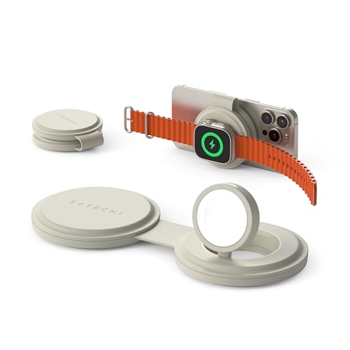 SATECHI OntheGo™ 2-in-1 Wireless Ladegerät, tragbares Qi2 Ladegerät mit 15W Schnellladung für iPhone 17 bis 12 und 5W für Apple Watch, magnetische Reiseladestation – Sand/Beige