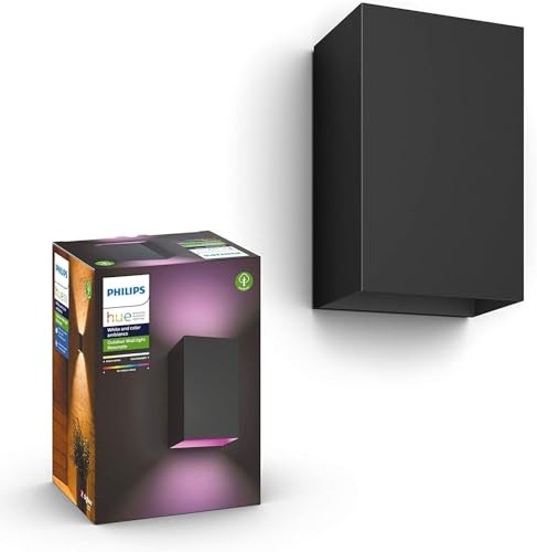 Philips Hue White & Color Ambiance Resonate Outdoor Wandleuchte (1.180 lm), dimmbare Wandlampe für das Hue Lichtsystem mit 16 Mio. Farben, smarte Lichtsteuerung über Sprache oder App, schwarz