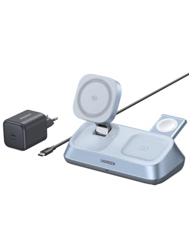 UGREEN MagFlow 3-in-1 Magnetic Wireless Desktop-Charger 25W, Qi2 Zertifiziert, kompatibel mit MagSafe, sicherer Halt, für iPhone 16-17-Serie, AirPods, Watch, Ladetänder mit 45W Ladegerät und 1m Kabel