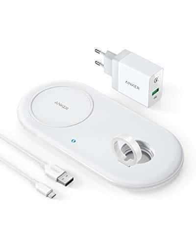 Anker PowerWave+ Ladepad mit Ladedock für Deine Watch, Qi-zertifiziertes 2-in-1 Ladepad mit Apple Watch Ladedock, für Apple Watch Serie 4/3/2, Schnelles Laden mit iPhone XS/XS Max/XR/X / 8 Plus