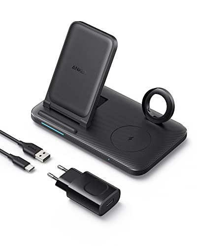 Anker Einklappbare 3-in-1 kabellose Ladestation mit Netzteil, 335 Wireless Charger, Geeignet für iPhone 15, AirPods Pro, Apple Watch 1-6 (Kompatibel mit Original 1m USB-A Kabel, nicht im Lieferumfang)