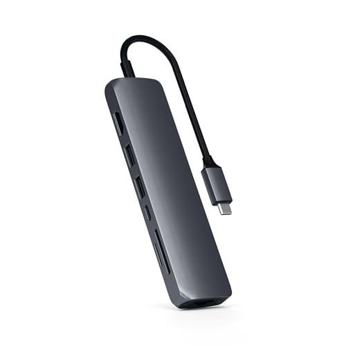 SATECHI 7-in-1 USB-C Hub Slim, Multiport-Adapter, Dock mit 4K HDMI, 60W Power Delivery, 2X USB-A, Ethernet, SD/MicroSD – Space Grau