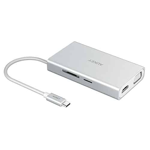 AUKEY USB C Hub HDMI 4k, VGA, SD & Micro SD Kartenslots, Ethernet 1000 Mbps, 2 USB 3.1 Anschlüsse, 60W USB C Ladeanschluss USB Type C Multiport Adapter für MacBook Pro 2017 / 2016, iMac 2017 usw.