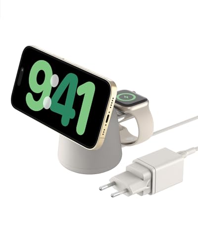 Belkin BoostCharge Pro Kabellose 2-in-1-Ladestation mit Qi2, 15W, MagSafe-Kompatibles Ladegerät für iPhone 17, Air, Pixelsnap, Apple Watch, AirPods, andere Qi2-Geräte, inklusive Netzteil – Sandfarben
