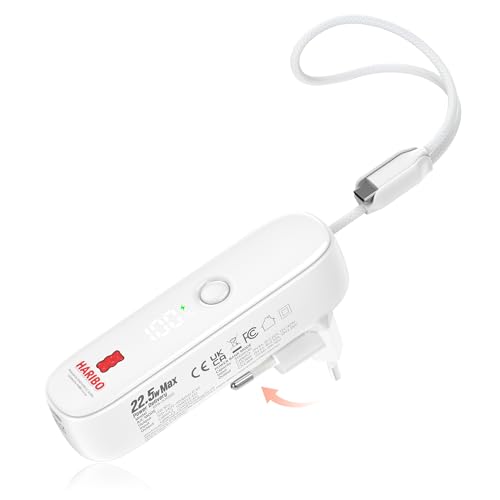 HARIBO Powerbank 5000mAh 22,5W Schnellladen, Faltbares Stecker Ladegerät mit Integriertes USB-C Kabel, Mini PD Ladegerät Externe Handyakkus für iPhone 17/16/15 Pro, Galaxy S25 S24 Pixel, Weiß