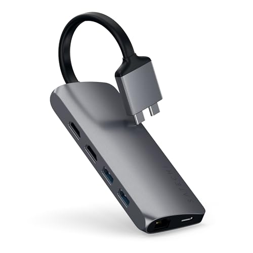SATECHI USB-C Hub Dual Multimedia Adapter, Dockingstation mit 2X 4K HDMI, 60W PD Ladefunktion, 2 USB-A, Ethernet, Micro/SD-Kartenleser, für MacBook Pro, Air M1, M2, M3, M4 - Space Grau