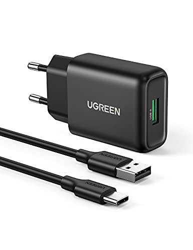 UGREEN 18W USB Ladegerät 3A Quick Charge 3.0 Schnellladegerät USB Netzteil mit USB C Ladekabel kompatibel mit Galaxy S10 S9 S8 S7 A20 A21 A51 A40, Xperia 10 II, Redmi Note 10, Huawei P20 lite usw