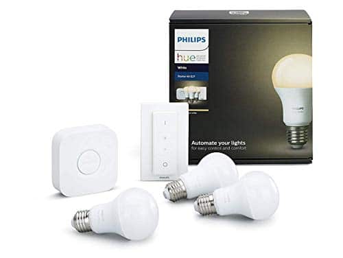 Philips Hue White E27 LED Lampe Starter Set, drei Lampen inkl. Bridge und Dimmschalter, dimmbar, warmweißes Licht,9W