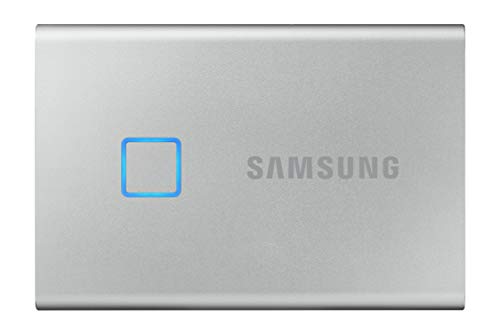 Samsung Portable SSD T7 Touch, 2 TB, USB 3.2 Gen.2, 1.050 MB/s Lesen, 1.000 MB/s Schreiben, Externe SSD Festplatte mit Fingerabdruckscanner für Mac, PC, Tablet, Konsole, Silber, MU-PC2T0S/WW