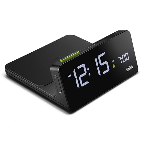 Braun Digitaler Wecker mit VA-LCD-Display, kabelloses 10W Qi-Schnellladepad, automatische Einstellung der Hintergrundbeleuchtung, Schnellschaltung, Pieptonwecker in Schwarz, Modell BC21B.
