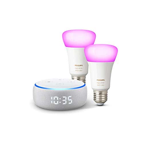 Echo Dot (3. Gen.) – smarter Lautsprecher mit Uhr und Alexa + Philips Hue Color LED-Lampe Doppelpack (E27), kompatibel mit Bluetooth und Zigbee (kein Hub erforderlich)