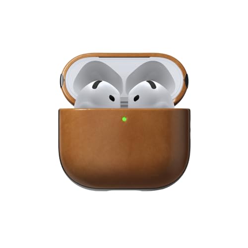 NOMAD Modern Leather Case für Airpods | Robuste Schutzhülle aus Polycarbonat und Echtleder | Gummierte TPE-Bumper | Airpods 4 | English Tan