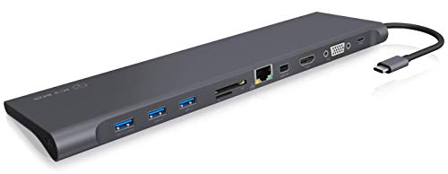 Icy Box 11-Fach USB-C DockingStation, 4K HDMI, Mini DisplayPort, VGA, LAN, PowerDelivery, 3X USB 3.0, SD und microSD Kartenleser, Audio, Aluminium Anthrazit/Schwarz