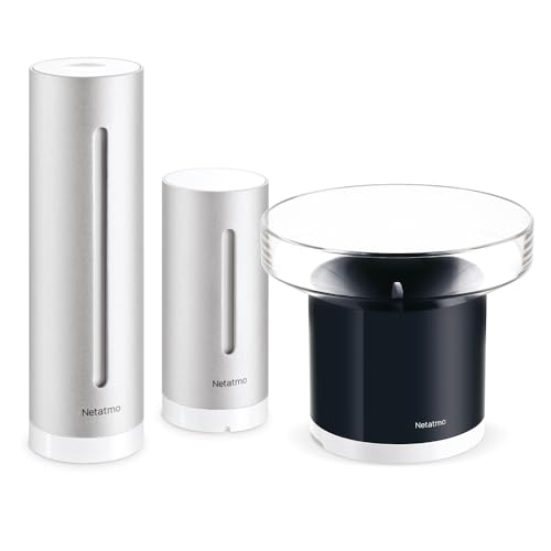 Netatmo Packung mit Wetterstation für Innen und Außen mit drahtlosem Außensensor und intelligentem Regenmesser, Luftfeuchtigkeit, Luftqualität, Geräuschpegel in Innenräumen, Luftdruck, NBU-NWS-NRG-EU
