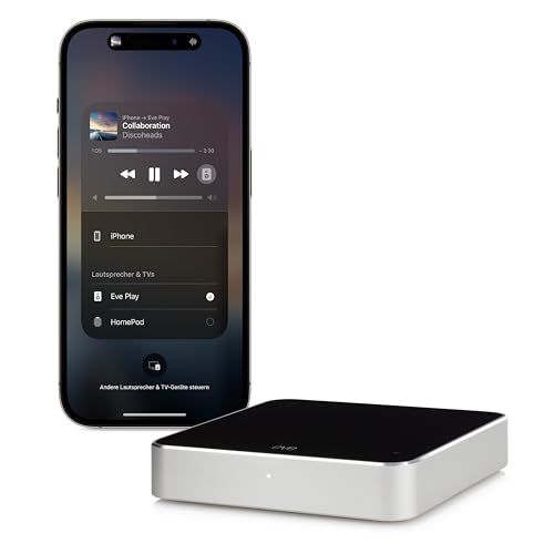 Eve Play – Audiostreaming Adapter für AirPlay, Automatischer Latenzausgleich, Leistungsstarker Digital-Analog-Wandler, DREI Audioausgänge, Apple Home, Ethernet und WiFi