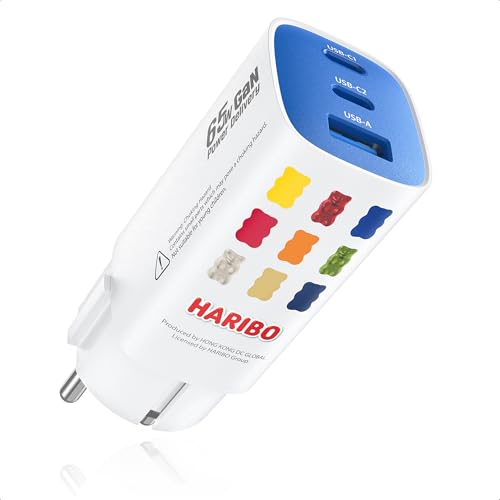 Haribo USB C Ladegerät 65W 3-Port USB-C Netzteil Charger Schnellladegerät PD PPS für MacBook, für iPhone 16/15, iPad Pro, Galaxy S25/S24, Pixel, Steam, Sicherheit Stecker mit Erdung, Geschenk, Blau