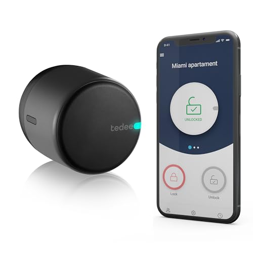 tedee Lock GO, smartes Türschloss, einfach nachrüstbar, ohne Zylindertausch, Steuerung via Bluetooth & aus der Ferne per App, iPhone & Android, Smart Home, schwarz, Ø 58mm x 65mm