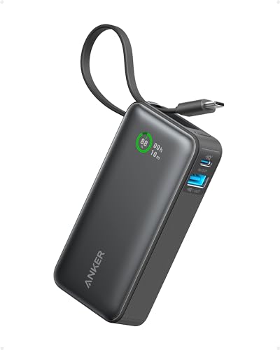 Anker Nano Powerbank,10.000mAh Powerbank mit eingebautem USB-C Kabel, PD 30W Höchstleistung mit 1x USB-C, 1x USB-A, kompatibel mit iPhone 15/14 Serie, MacBook, Galaxy, iPad, AirPods und mehr(Schwarz)