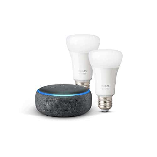 Echo Dot (3. Gen.), Anthrazit Stoff + Philips Hue White LED-Lampe Doppelpack (E27), kompatibel mit Bluetooth und Zigbee (kein Hub erforderlich)