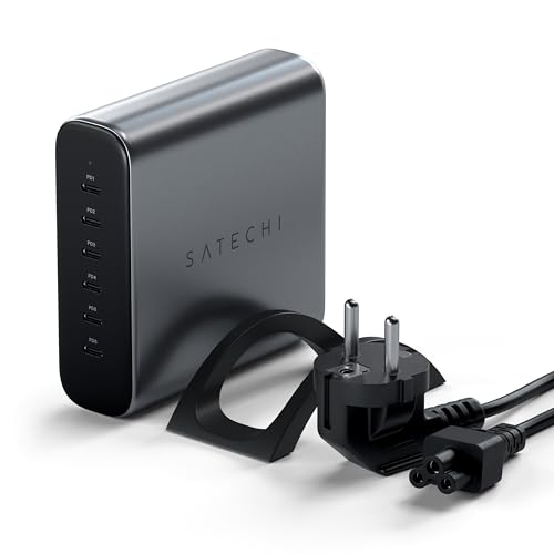 SATECHI 200W 6-Port GaN-Ladestation – 2× 140W USB-C & 4× USB-C, Schnellladegerät für mehrere Geräte, kompatibel mit MacBook Air/Pro M4, iPad Air/Pro M4, iPhone 16 und Thunderbolt-Geräten