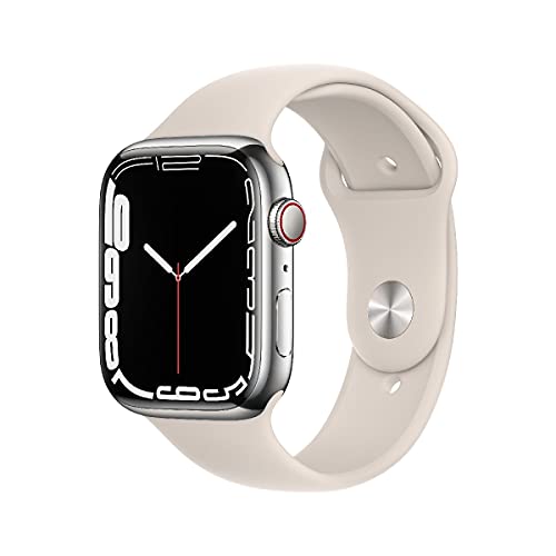 Apple Watch Series 7 (GPS + Cellular, 45mm) Smartwatch, Edelstahlgehäuse Silber, Sportarmband Sternenlicht - Regular. Fitnesstracker, Blutsauerstoff und EKGApps, Always-On Retina Display, Wasserschutz