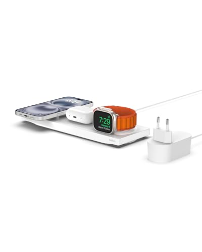 Belkin MagSafe drahtloses 3-in-1-Ladegerät, MFi-zertifiziertes Ladepad, MagSafe Ladestation für die iPhone 16, iPhone 15, 14, 13 und 12-Serie, Apple Watch 10/9/8/7/Ultra und älter, AirPods 3, 2, Pro