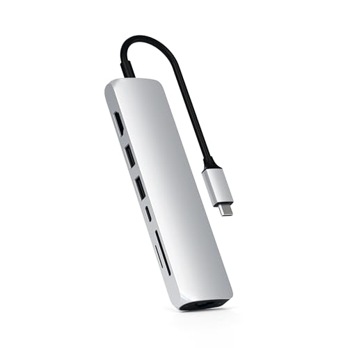 SATECHI 7-in-1 USB-C Hub Slim, Multiport-Adapter, Dock mit 4K HDMI, 60W Power Delivery, 2X USB-A, Ethernet, SD/MicroSD – Silber