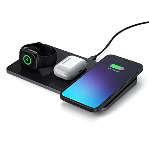 SATECHI Trio Kabelloses Ladegerät mit Magnetpad – Qi-Zertifiziert – Kompatibel mit iPhone 13 Pro Max/13 Pro/13, iPhone 12 Pro Max/12 Pro/12/12 Mini, AirPods Pro/Gen 3, Apple Watch Series 7/6/SE /5/4