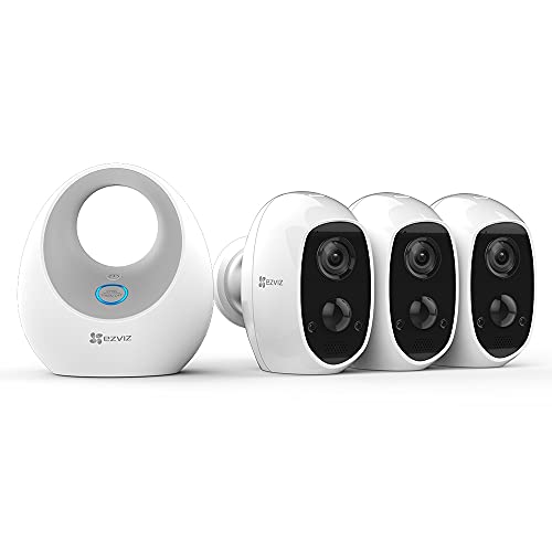 EZVIZ Überwachungkamera-Sicherheitssystem, Triple Pack 100% kabellos mit Basisstation 1080P 2.4GHz WiFi, Nachtsicht, Mikrofon und Lautsprecher, SD-Kartensteckplatz C3A + W2D Kit W2D + 3 Kam