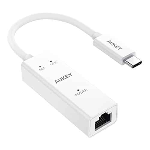 AUKEY USB C Adapter zu Gigabit Ethernet 1000 Mbps Typ C auf RJ45 Adapter mit 3 Anzeigen für Macbook Pro 2016, Google ChromeBook Pixel und andere Typ C Geräte (Weiß)
