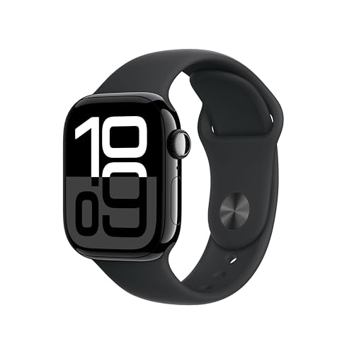 Apple Watch Series 10 (GPS + Cellular 42 mm) Smartwatch mit Aluminiumgehäuse in Diamantschwarz und Sportarmband in Schwarz (S/M). Fitnesstracker, EKG App, Always-On Retina Display, Wasserschutz