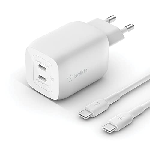 Belkin 65-W-USB-C-Ladegerät mit 2 Ports und USB-C/C-Kabel, Schnellladen mit Power Delivery 3.0 und GaN-Technologie für iPhone 15, Plus, Pro, Pro Max, iPad Pro, MacBook, Galaxy S24, Tab, Pixel, usw.