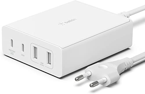 Belkin 108-W-GaN-USB-Ladestation für mehrere Geräte, schnelles Ladegerät mit 2x USB-C und 2x USB-A, Dock/Hub für MacBook, Pro, Air, iPhone, Pro, Max, mini, iPad Pro, Air, Galaxy und andere Geräte