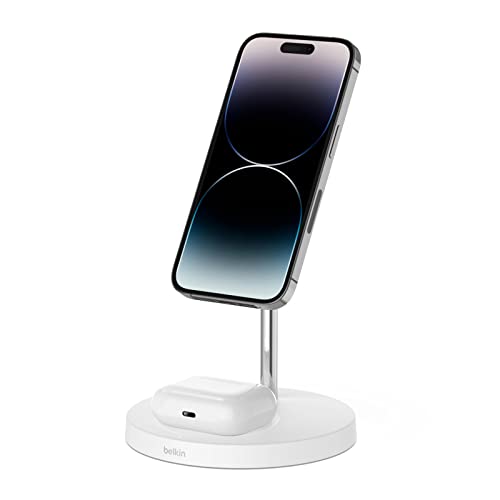 Drahtloses Belkin 2-in-1-Ladegerät mit MagSafe, (15 Watt, iPhone Ladeständer zum schnellen Laden der iPhone 14-Serie, AirPods und anderen MagSafe-fähigen Geräten mit mitgeliefertem Netzteil) – Weiß