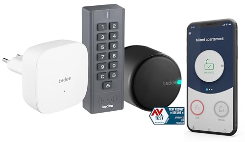 tedee GO Set | schwarzes Schloss, Bridge und Keypad | smartes Türschloss | WLAN-Bridge | Tastenfeld | Smart-Home-Lösung für iOS und Android | Bluetooth |Auto-Unlock | Keine Installationshardware