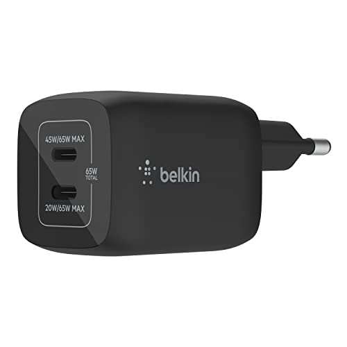 Belkin 65-W-USB-C-Ladegerät mit 2 Ports, Schnellladen mit Power Delivery 3.0 und GaN-Technologie für iPhone 15, Plus, Pro, Pro Max, iPad Pro, Air, MacBook, Galaxy S24, Plus, Ultra, Tab, Pixel, usw.