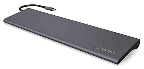 Icy Box 11-Fach USB-C DockingStation, 4K HDMI, Mini DisplayPort, VGA, LAN, PowerDelivery, 3X USB 3.0, SD und microSD Kartenleser, Audio, Aluminium Anthrazit/Schwarz