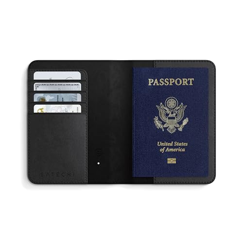 SATECHI Passhülle mit Find My/Ortung, Reisepass mit Tracker Cover mit 4 Kartenfächern, Kabellose Ladefunktion und RFID-Schutz, Essentielles Reiseaccessoire aus Synthetischem Material (PU) - Schwarz